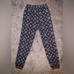 Louis Vuitton Black Joggers with Gray Monogram and Red-Trim Cuffs